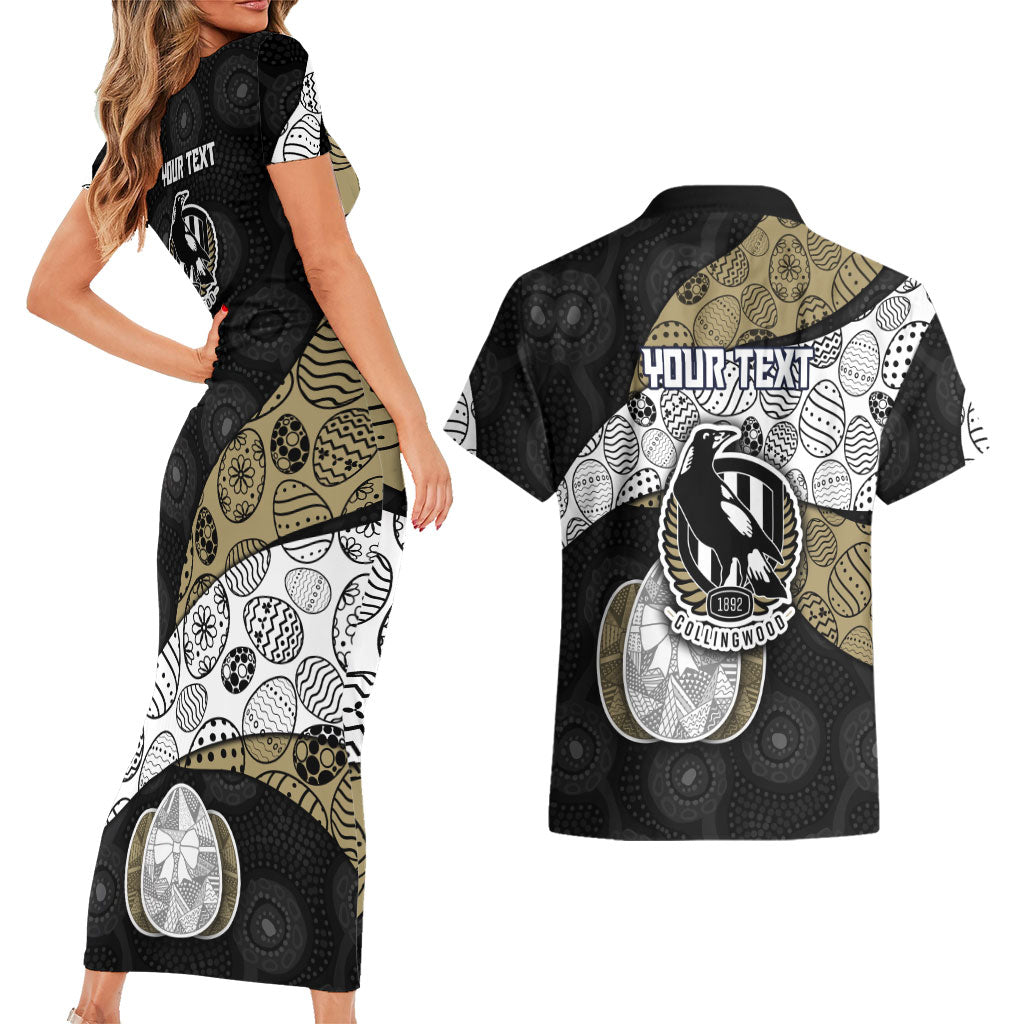Personalized Magpie Football Couples Matching Short Sleeve Bodycon Dress and Hawaiian Shirt Easter Egg Pattern Monochrome Tribal Dot Art Style