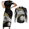 Personalized Magpie Football Couples Matching Short Sleeve Bodycon Dress and Long Sleeve Button Shirt Easter Egg Pattern Monochrome Tribal Dot Art Style