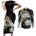Personalized Magpie Football Couples Matching Short Sleeve Bodycon Dress and Long Sleeve Button Shirt Easter Egg Pattern Monochrome Tribal Dot Art Style
