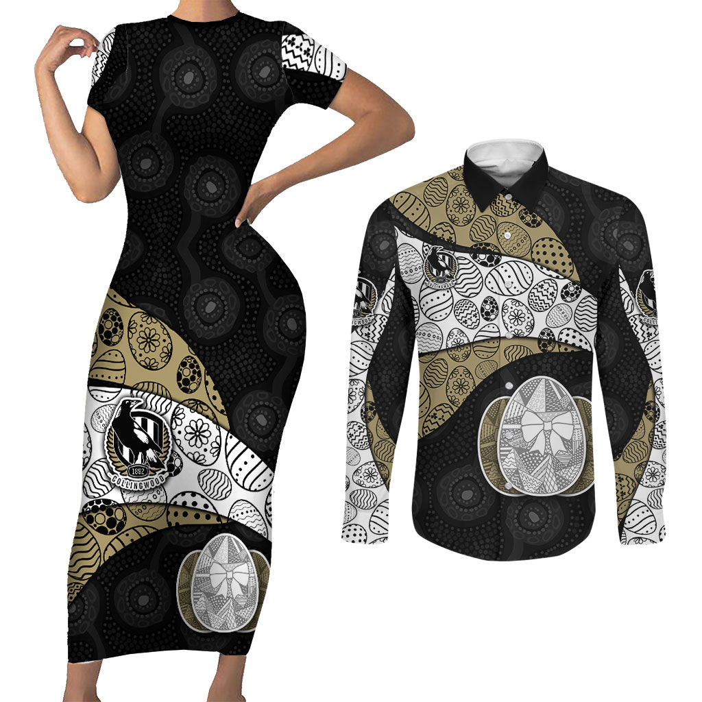 Personalized Magpie Football Couples Matching Short Sleeve Bodycon Dress and Long Sleeve Button Shirt Easter Egg Pattern Monochrome Tribal Dot Art Style