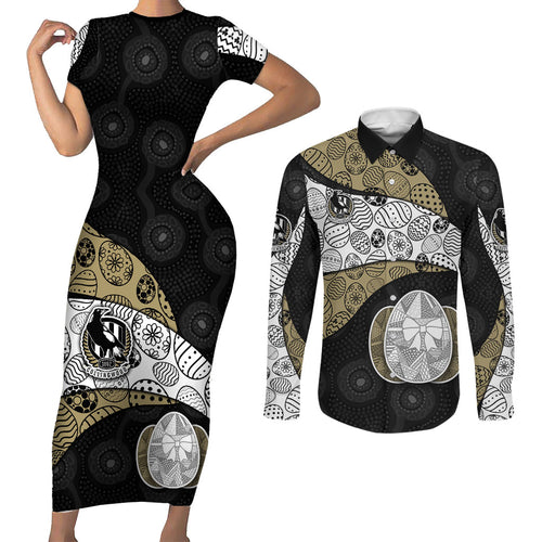 Personalized Magpie Football Couples Matching Short Sleeve Bodycon Dress and Long Sleeve Button Shirt Easter Egg Pattern Monochrome Tribal Dot Art Style