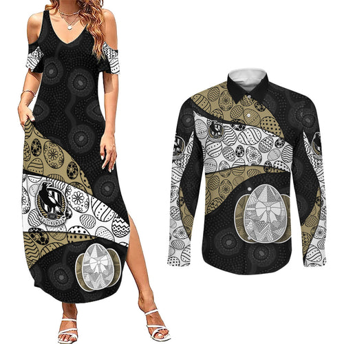Personalized Magpie Football Couples Matching Summer Maxi Dress and Long Sleeve Button Shirt Easter Egg Pattern Monochrome Tribal Dot Art Style