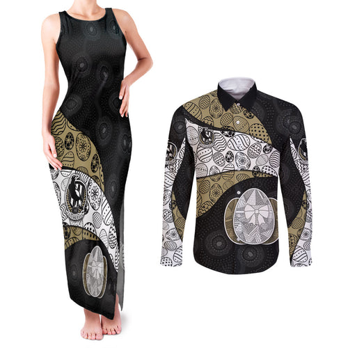 Personalized Magpie Football Couples Matching Tank Maxi Dress and Long Sleeve Button Shirt Easter Egg Pattern Monochrome Tribal Dot Art Style