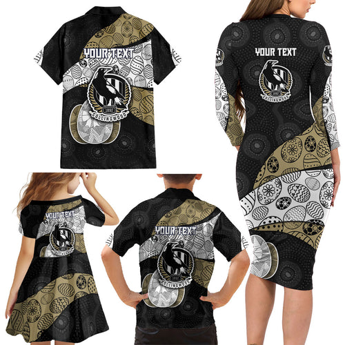 Personalized Magpie Football Family Matching Long Sleeve Bodycon Dress and Hawaiian Shirt Easter Egg Pattern Monochrome Tribal Dot Art Style