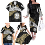 Personalized Magpie Football Family Matching Off The Shoulder Long Sleeve Dress and Hawaiian Shirt Easter Egg Pattern Monochrome Tribal Dot Art Style