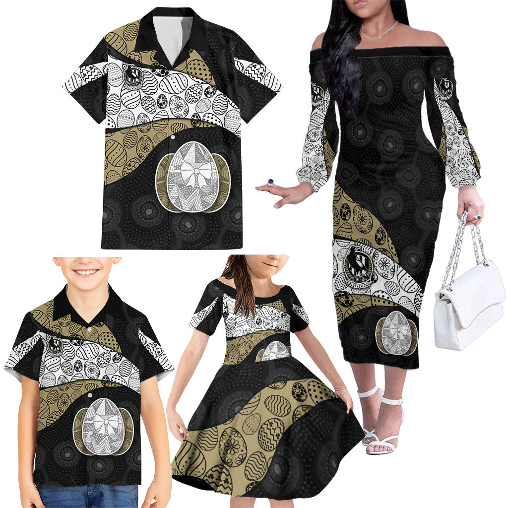 Personalized Magpie Football Family Matching Off The Shoulder Long Sleeve Dress and Hawaiian Shirt Easter Egg Pattern Monochrome Tribal Dot Art Style