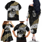 Personalized Magpie Football Family Matching Off The Shoulder Long Sleeve Dress and Hawaiian Shirt Easter Egg Pattern Monochrome Tribal Dot Art Style