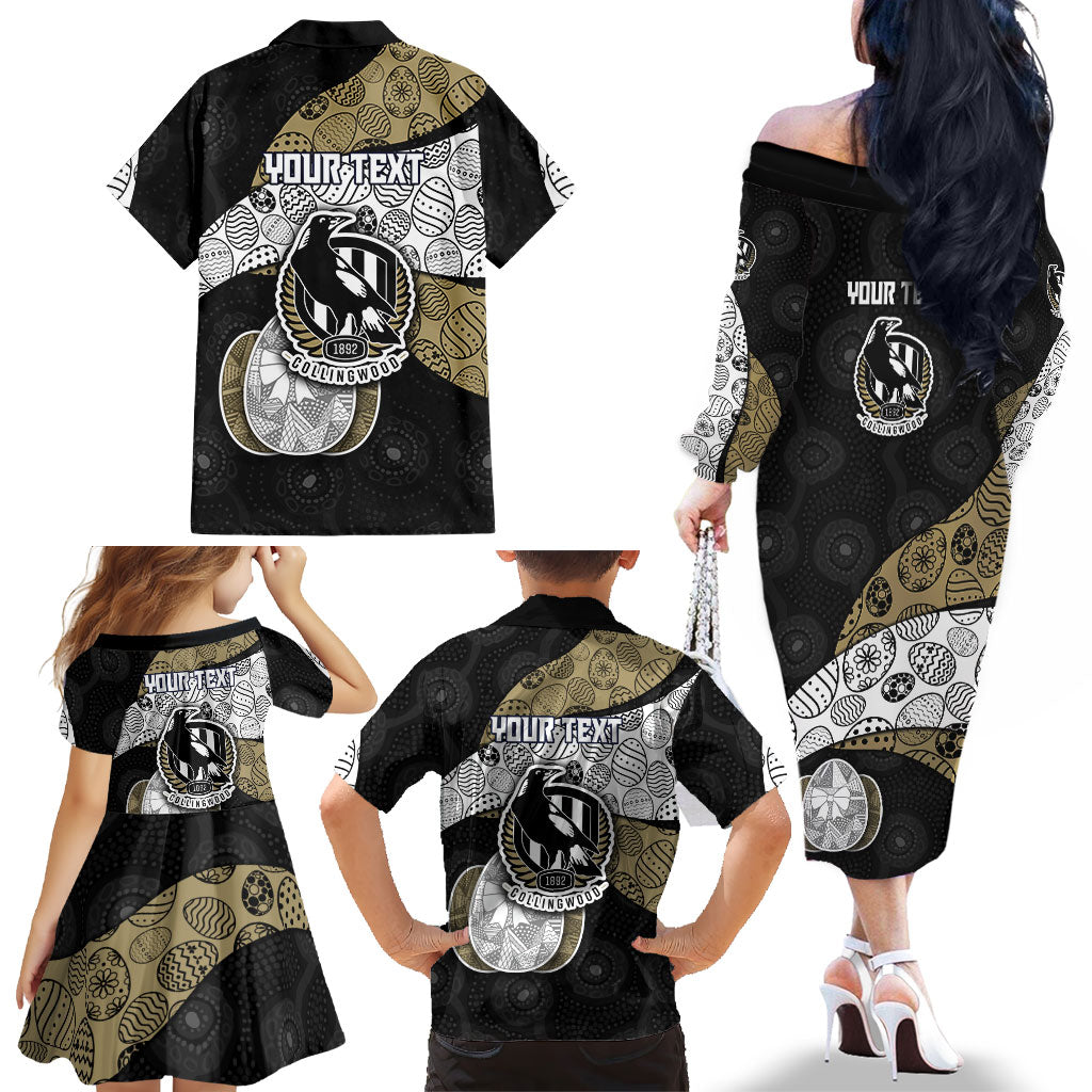 Personalized Magpie Football Family Matching Off The Shoulder Long Sleeve Dress and Hawaiian Shirt Easter Egg Pattern Monochrome Tribal Dot Art Style