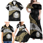 Personalized Magpie Football Family Matching Off Shoulder Maxi Dress and Hawaiian Shirt Easter Egg Pattern Monochrome Tribal Dot Art Style