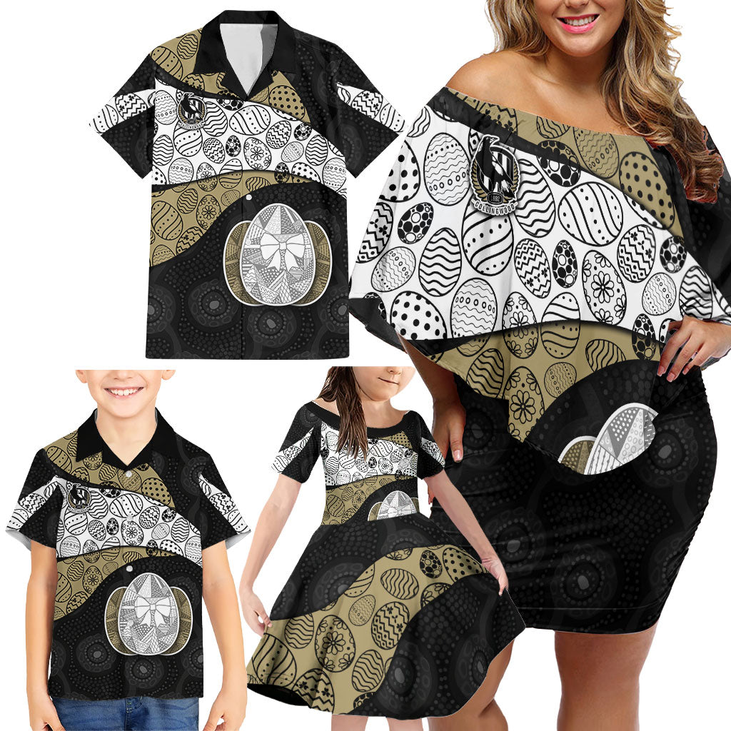 Personalized Magpie Football Family Matching Off Shoulder Short Dress and Hawaiian Shirt Easter Egg Pattern Monochrome Tribal Dot Art Style