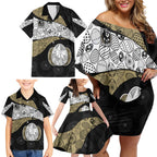 Personalized Magpie Football Family Matching Off Shoulder Short Dress and Hawaiian Shirt Easter Egg Pattern Monochrome Tribal Dot Art Style