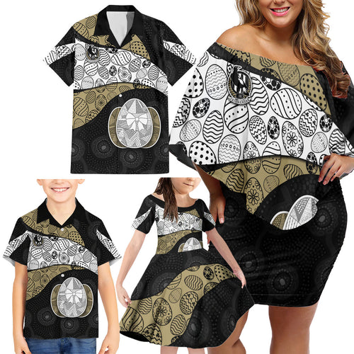 Personalized Magpie Football Family Matching Off Shoulder Short Dress and Hawaiian Shirt Easter Egg Pattern Monochrome Tribal Dot Art Style