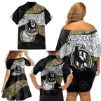 Personalized Magpie Football Family Matching Off Shoulder Short Dress and Hawaiian Shirt Easter Egg Pattern Monochrome Tribal Dot Art Style