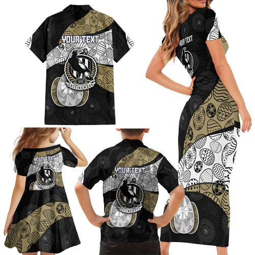Personalized Magpie Football Family Matching Short Sleeve Bodycon Dress and Hawaiian Shirt Easter Egg Pattern Monochrome Tribal Dot Art Style