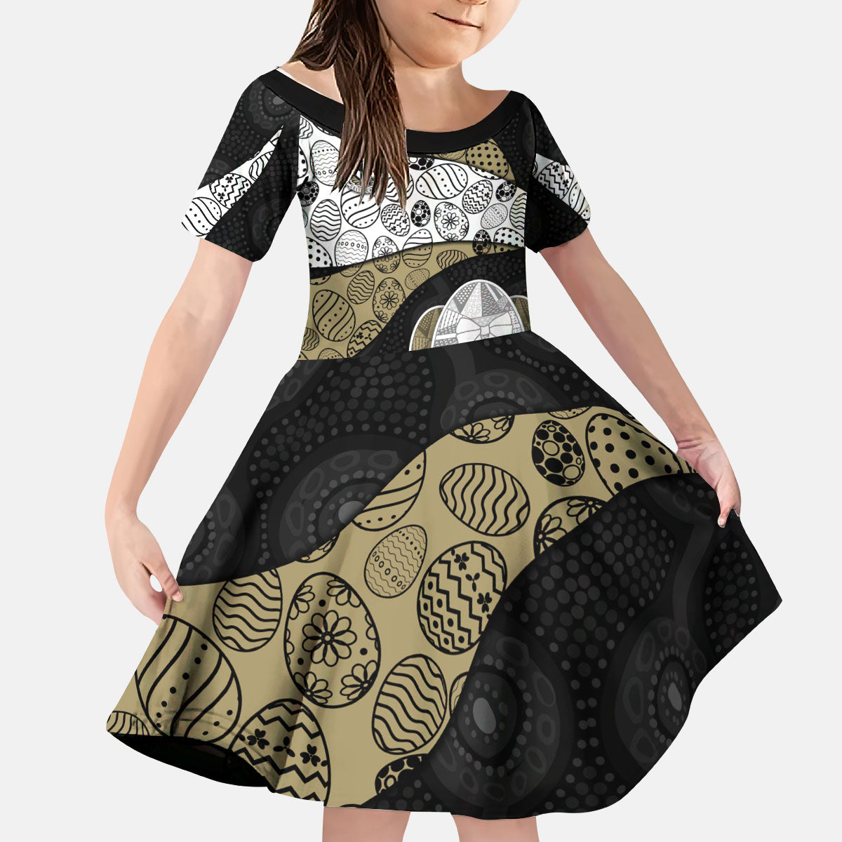 Personalized Magpie Football Kid Short Sleeve Dress Easter Egg Pattern Monochrome Tribal Dot Art Style