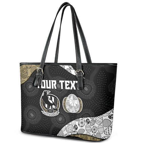 Personalized Magpie Football Leather Tote Bag Easter Egg Pattern Monochrome Tribal Dot Art Style