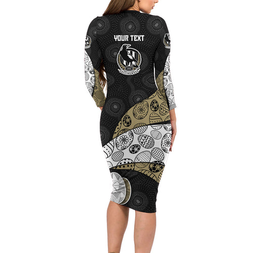Personalized Magpie Football Long Sleeve Bodycon Dress Easter Egg Pattern Monochrome Tribal Dot Art Style