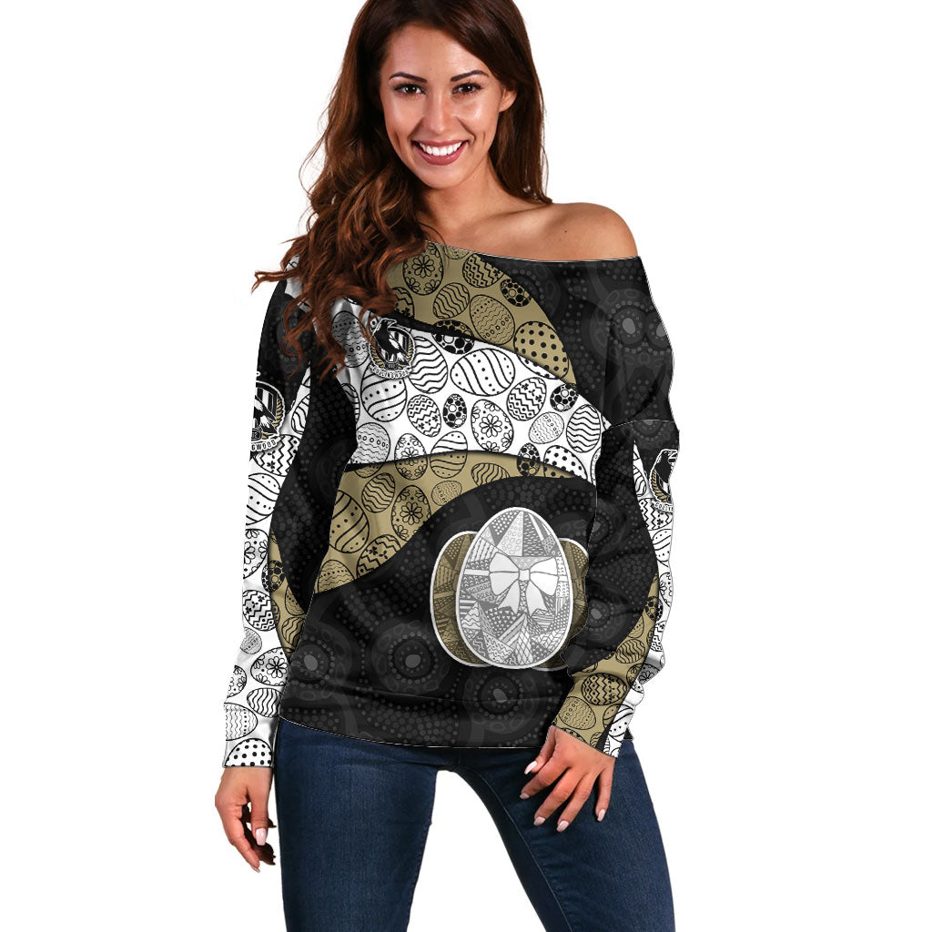 Personalized Magpie Football Off Shoulder Sweater Easter Egg Pattern Monochrome Tribal Dot Art Style