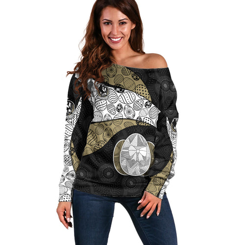 Personalized Magpie Football Off Shoulder Sweater Easter Egg Pattern Monochrome Tribal Dot Art Style