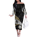 Personalized Magpie Football Off The Shoulder Long Sleeve Dress Easter Egg Pattern Monochrome Tribal Dot Art Style