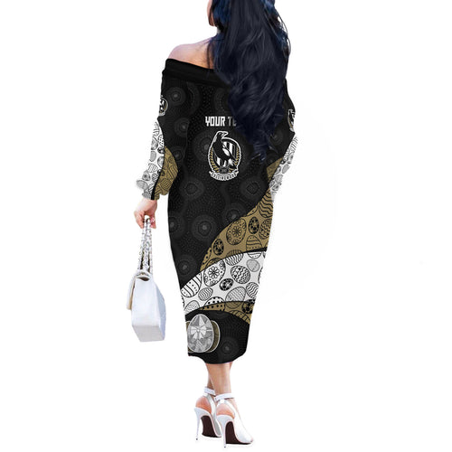 Personalized Magpie Football Off The Shoulder Long Sleeve Dress Easter Egg Pattern Monochrome Tribal Dot Art Style