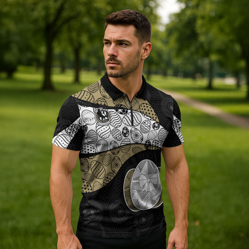 Personalized Magpie Football Zipper Polo Shirt Easter Egg Pattern Monochrome Tribal Dot Art Style