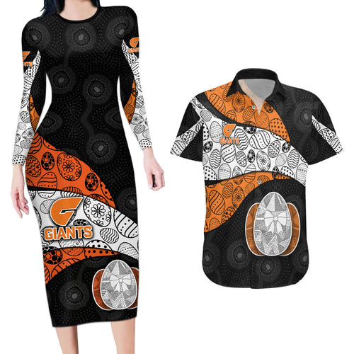 Personalized Giants Football Couples Matching Long Sleeve Bodycon Dress and Hawaiian Shirt Easter Egg Pattern Orange Monochrome Tribal Dot Style