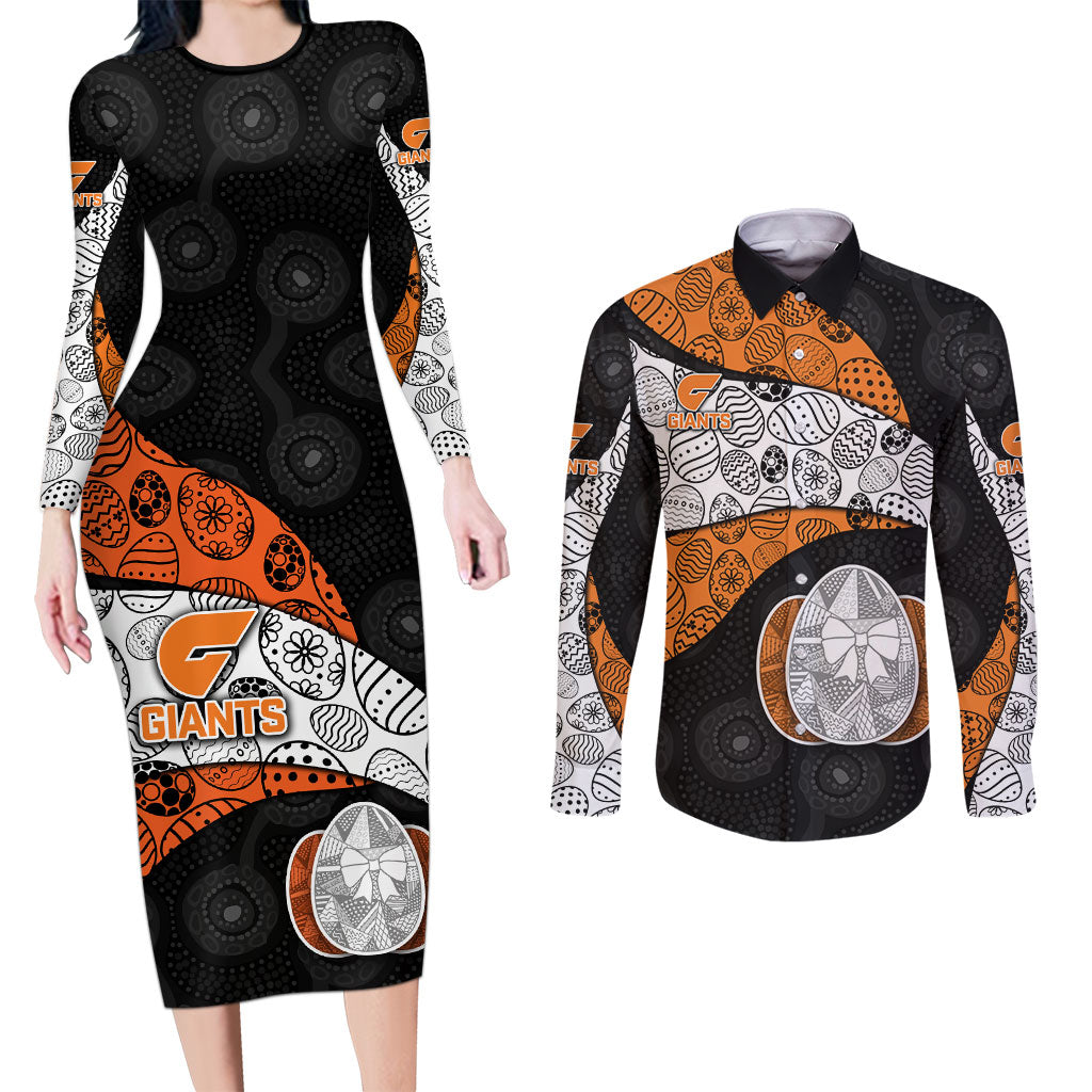 Personalized Giants Football Couples Matching Long Sleeve Bodycon Dress and Long Sleeve Button Shirt Easter Egg Pattern Orange Monochrome Tribal Dot Style