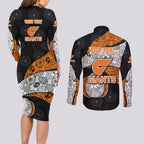 Personalized Giants Football Couples Matching Long Sleeve Bodycon Dress and Long Sleeve Button Shirt Easter Egg Pattern Orange Monochrome Tribal Dot Style