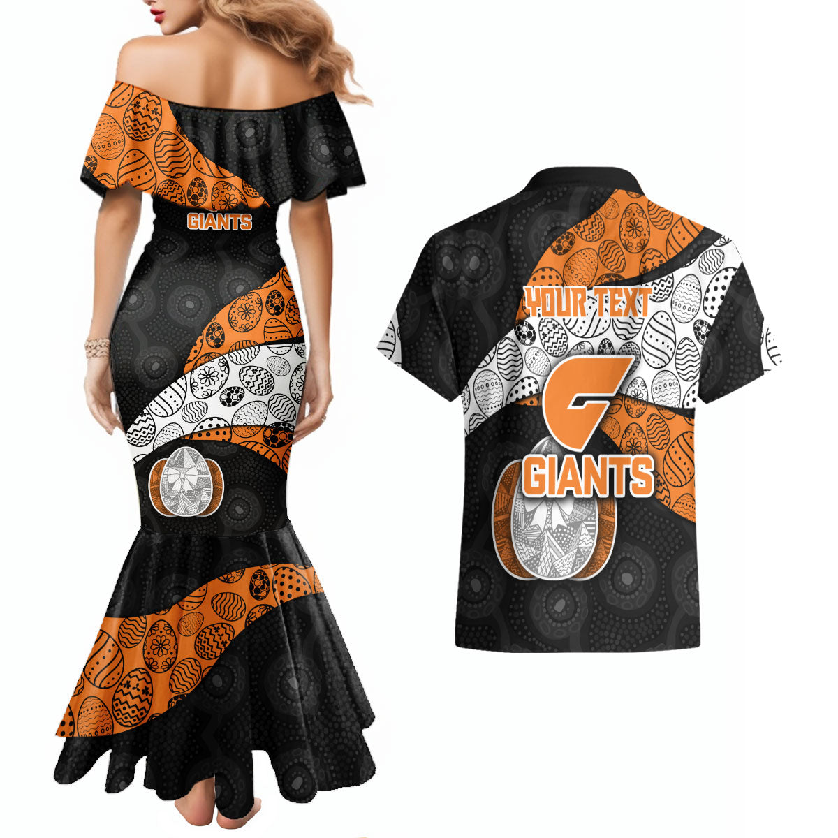 Personalized Giants Football Couples Matching Mermaid Dress and Hawaiian Shirt Easter Egg Pattern Orange Monochrome Tribal Dot Style