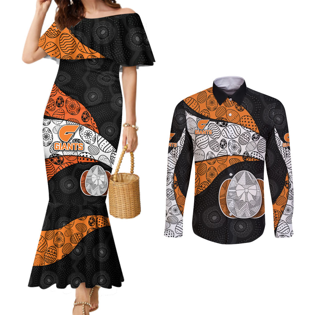 Personalized Giants Football Couples Matching Mermaid Dress and Long Sleeve Button Shirt Easter Egg Pattern Orange Monochrome Tribal Dot Style