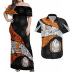 Personalized Giants Football Couples Matching Off Shoulder Maxi Dress and Hawaiian Shirt Easter Egg Pattern Orange Monochrome Tribal Dot Style