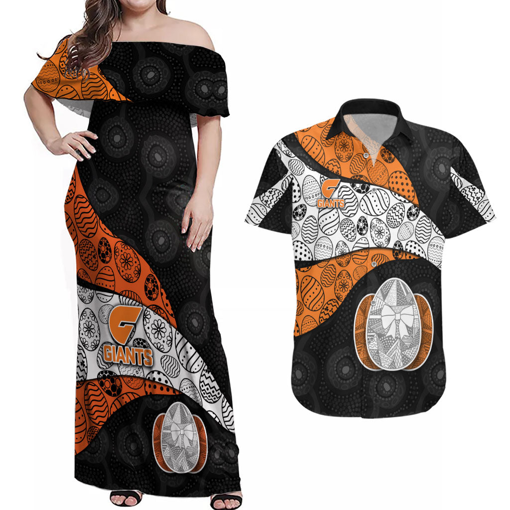 Personalized Giants Football Couples Matching Off Shoulder Maxi Dress and Hawaiian Shirt Easter Egg Pattern Orange Monochrome Tribal Dot Style