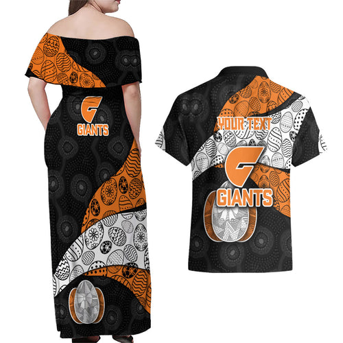 Personalized Giants Football Couples Matching Off Shoulder Maxi Dress and Hawaiian Shirt Easter Egg Pattern Orange Monochrome Tribal Dot Style