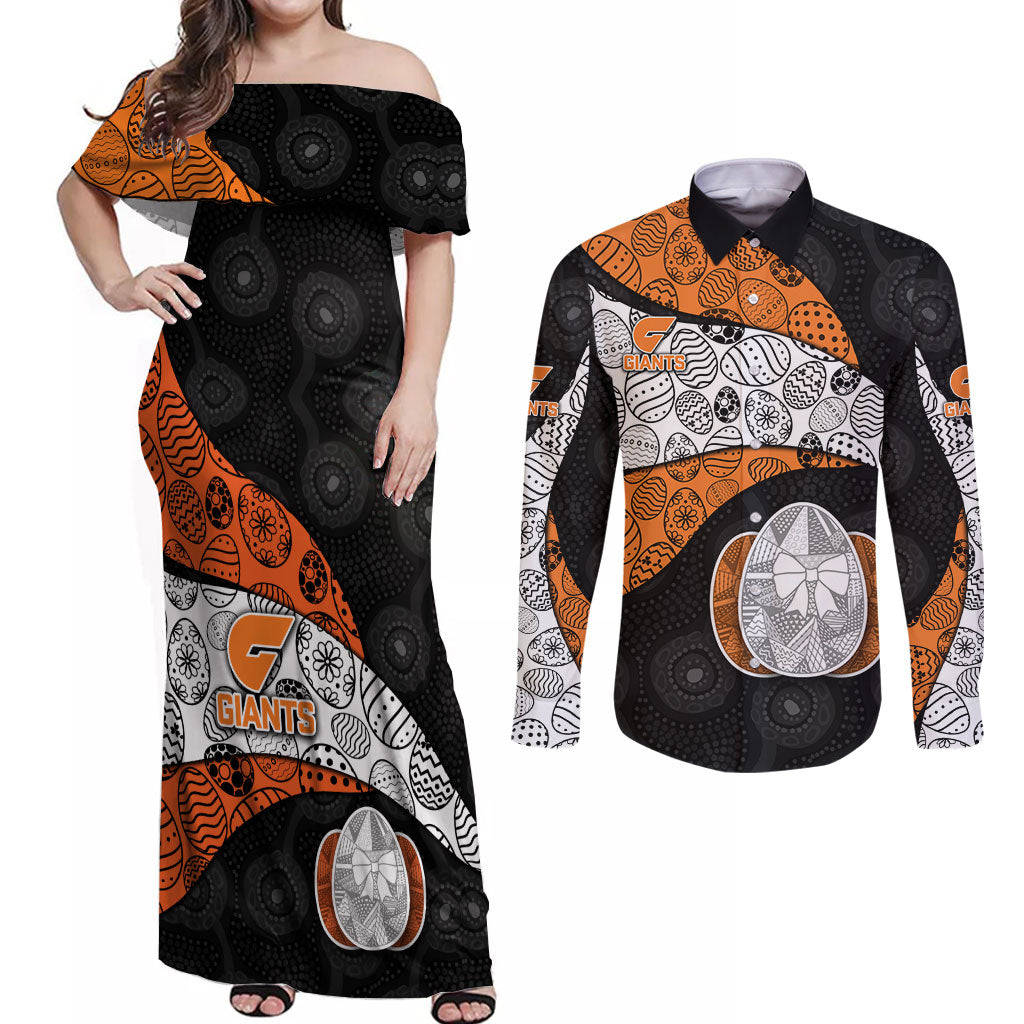 Personalized Giants Football Couples Matching Off Shoulder Maxi Dress and Long Sleeve Button Shirt Easter Egg Pattern Orange Monochrome Tribal Dot Style