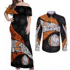 Personalized Giants Football Couples Matching Off Shoulder Maxi Dress and Long Sleeve Button Shirt Easter Egg Pattern Orange Monochrome Tribal Dot Style