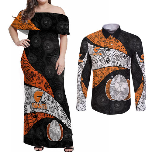 Personalized Giants Football Couples Matching Off Shoulder Maxi Dress and Long Sleeve Button Shirt Easter Egg Pattern Orange Monochrome Tribal Dot Style