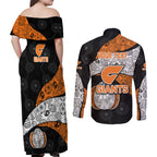 Personalized Giants Football Couples Matching Off Shoulder Maxi Dress and Long Sleeve Button Shirt Easter Egg Pattern Orange Monochrome Tribal Dot Style