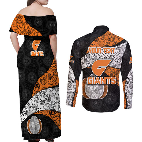 Personalized Giants Football Couples Matching Off Shoulder Maxi Dress and Long Sleeve Button Shirt Easter Egg Pattern Orange Monochrome Tribal Dot Style