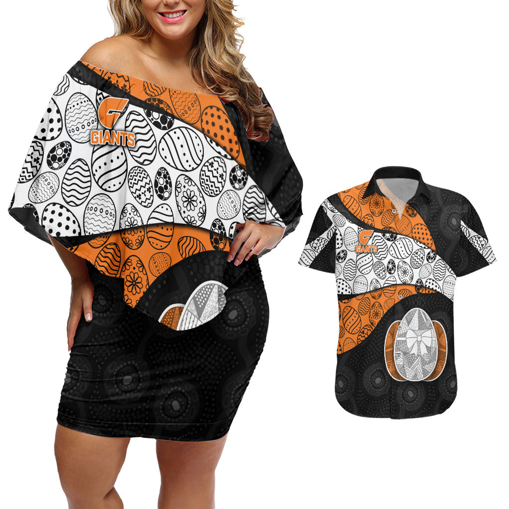 Personalized Giants Football Couples Matching Off Shoulder Short Dress and Hawaiian Shirt Easter Egg Pattern Orange Monochrome Tribal Dot Style