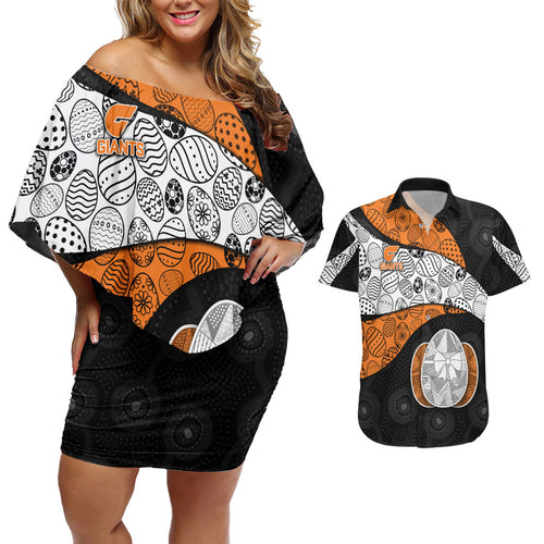 Personalized Giants Football Couples Matching Off Shoulder Short Dress and Hawaiian Shirt Easter Egg Pattern Orange Monochrome Tribal Dot Style