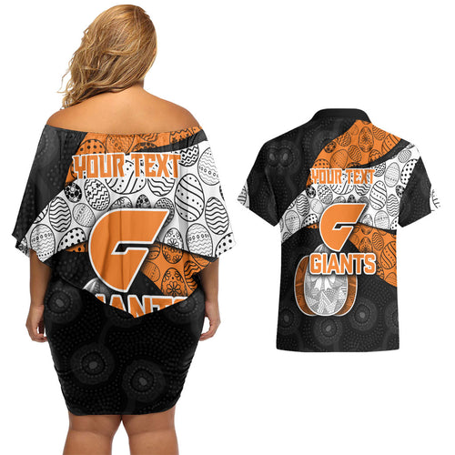 Personalized Giants Football Couples Matching Off Shoulder Short Dress and Hawaiian Shirt Easter Egg Pattern Orange Monochrome Tribal Dot Style