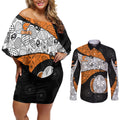 Personalized Giants Football Couples Matching Off Shoulder Short Dress and Long Sleeve Button Shirt Easter Egg Pattern Orange Monochrome Tribal Dot Style