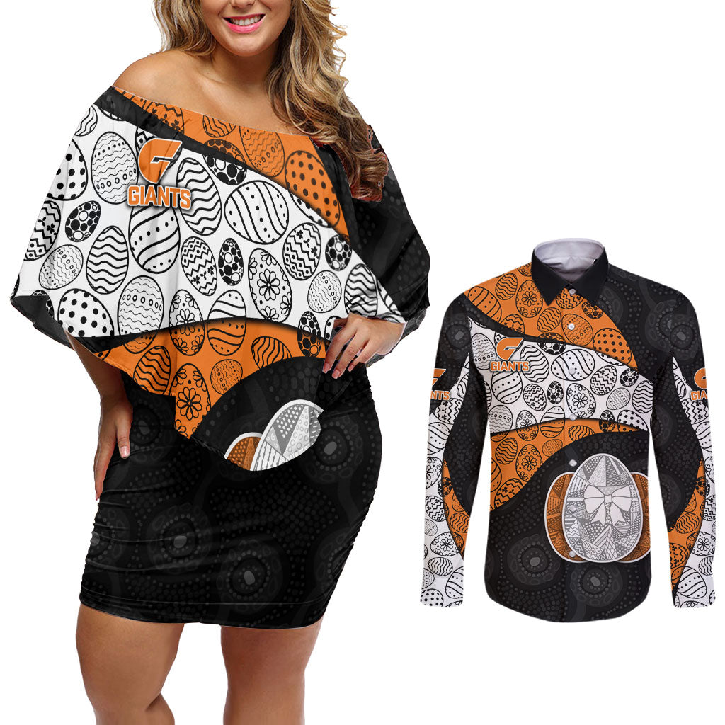 Personalized Giants Football Couples Matching Off Shoulder Short Dress and Long Sleeve Button Shirt Easter Egg Pattern Orange Monochrome Tribal Dot Style