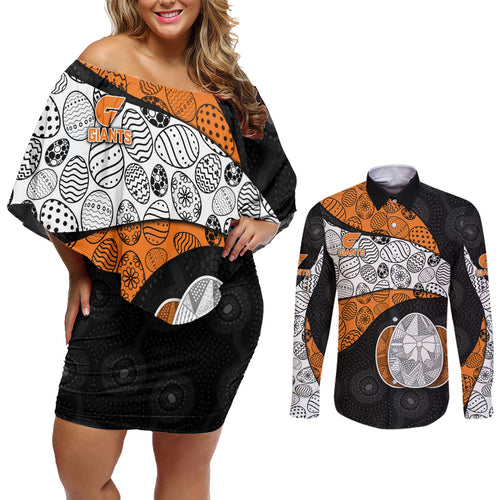 Personalized Giants Football Couples Matching Off Shoulder Short Dress and Long Sleeve Button Shirt Easter Egg Pattern Orange Monochrome Tribal Dot Style
