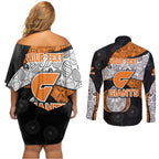 Personalized Giants Football Couples Matching Off Shoulder Short Dress and Long Sleeve Button Shirt Easter Egg Pattern Orange Monochrome Tribal Dot Style