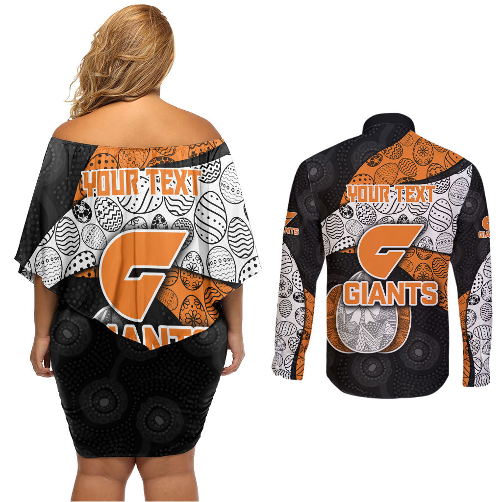 Personalized Giants Football Couples Matching Off Shoulder Short Dress and Long Sleeve Button Shirt Easter Egg Pattern Orange Monochrome Tribal Dot Style