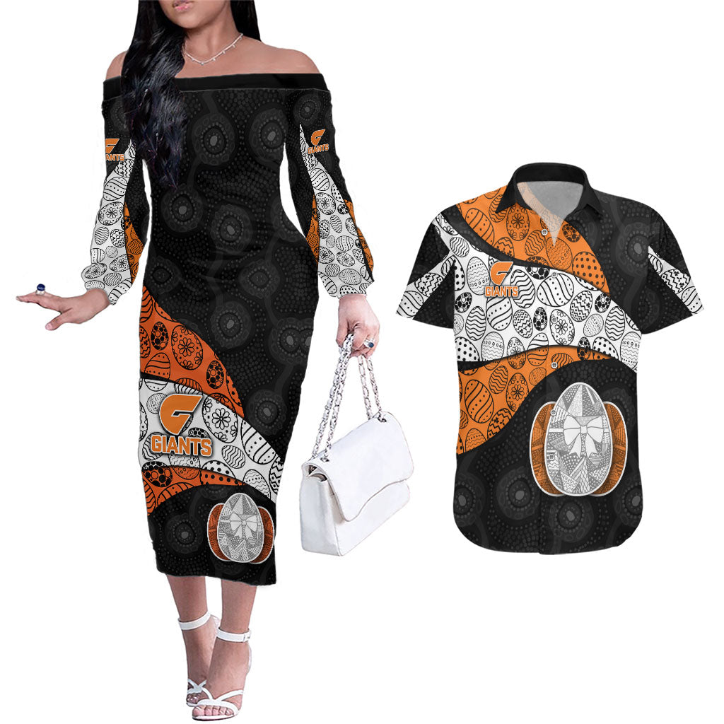 Personalized Giants Football Couples Matching Off The Shoulder Long Sleeve Dress and Hawaiian Shirt Easter Egg Pattern Orange Monochrome Tribal Dot Style