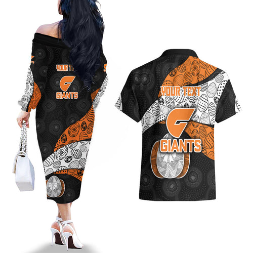 Personalized Giants Football Couples Matching Off The Shoulder Long Sleeve Dress and Hawaiian Shirt Easter Egg Pattern Orange Monochrome Tribal Dot Style