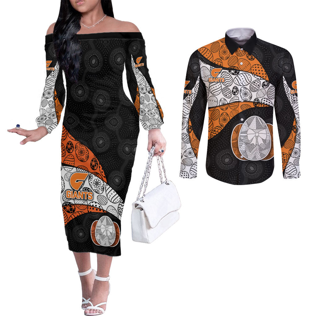 Personalized Giants Football Couples Matching Off The Shoulder Long Sleeve Dress and Long Sleeve Button Shirt Easter Egg Pattern Orange Monochrome Tribal Dot Style